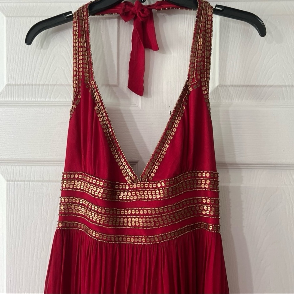 Adrianna Papell MAXI Red Evening Dress with Gold Details - Picture 2 of 13